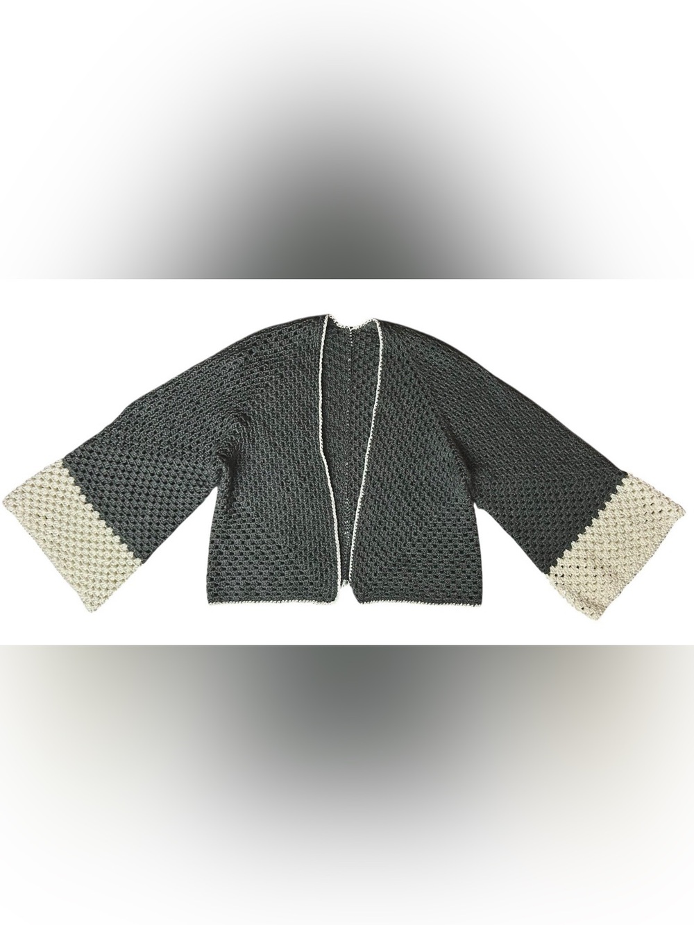 Hand Made Crocheted Gray White Open Cardigan Women’s M Cropped Boho Cottagecore